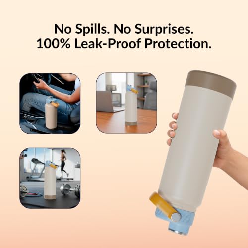 Image of Rabitat Hyde Personalized Vacuum Insulated Stainless Steel Water Bottle 1000 ml | Double Wall Vacuum Insulation | 18 /8 Food Grade Steel | Leak Proof | Wide Mouth | Ring Handle | BPA Free|Modern Beige