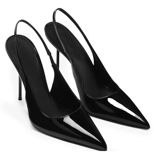 Pointed Closed Toe Slingback High Heels for Women Stilettos Stretch Slip-on Pumps Patent Leather Elegant Party Dressy Shoes, Size 6-113