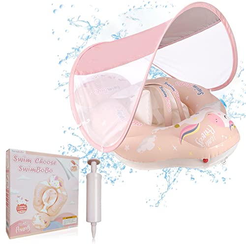 Baby Schwimmring mit Sonnendach Entfernbar, Baby Schwimmhilfe mit Schwimmsitz, Aufblasbare Schwimmtrainer mit Anti-Umkippen Float für Kleinkinder und Kinder ab 6 Monate bis 3 Jahre (Pink)