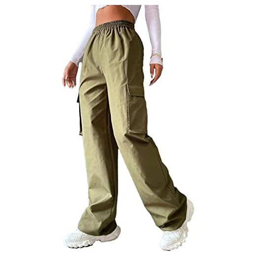Greensen Pantalones cargo largos para mujer, pantalones casuales sueltos de pierna ancha, pantalones cargo de color puro, cintura alta, dos bolsillos, Od-verde, L