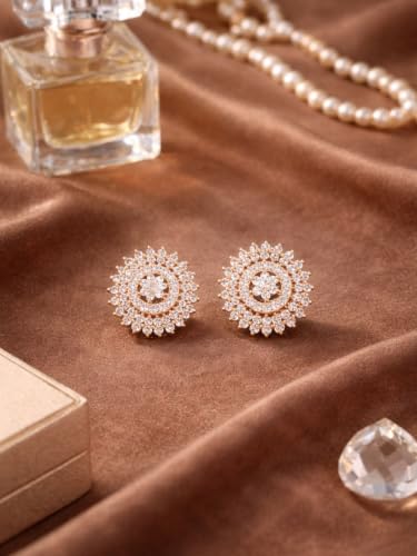 Image of I Jewels Valentines Special Stylish Fashion Rose Gold Plated Cubic Zirconia American Diamoand Floral Stud Earrings For Women /Girls