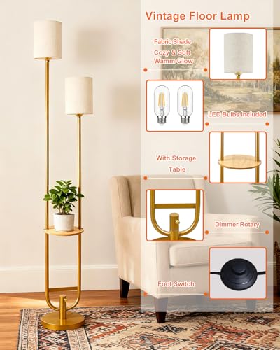 Image of Lightdot 63Inch Floor Lamp Dimmable Gold Floor Lamp with 5Lbs Heavy Base for Living Room 2-Light Mid Century Modern Tall Standing Lamp with Table for Bedroom /Sofa Beside /Corner Decor(Bulbs Included)