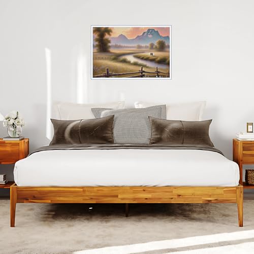 Camila Luxury King Size Bed Frame – 14” Solid Wood Platform, Heavy Duty Acacia Wood Bed, Wooden Slats, No Box Spring Needed, Modern Design, Easy Assembly, King Size, Caramel Color
