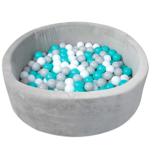 Image of Nuby Velvet Ball Pit, Soft Play Foam Ball Pits for Baby and Toddlers with 200 Colored Balls Included, Ball Pit Playpen, Indoor Play Gym, Outdoor Play Ball Pit for Babies, Bounce Ball Game Aqua & Gray