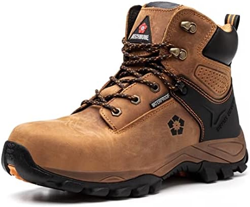 Mechmume Safety Work Shoes, Waterproof, Crazy Horse Leather, Steel Toe, Rubber Sole, Kevlar Anti-Puncture, 6 inch, Industrial & Construction Hiking Work Boots