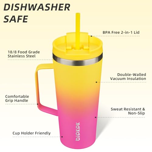 Image of BJPKPK 22oz Insulated Tumbler with Handle, Lid & Straw, Stainless Steel | Double Wall Vacuum Insulated Coffee Travel Mug - Keeps Cold & Hot, BPA Free, Cupholder Fit for Office, Gym & Travel