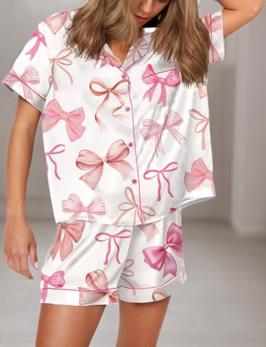 Image of Yiulangde Women's Easter Pajamas 2 Piece Sets Satin Short Sleeve Preppy Easter Eggs Bunny PJs Outfit Button Up Loungewear Set