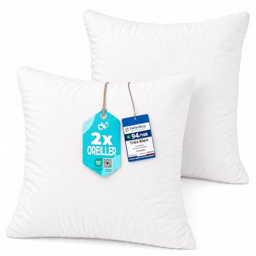 Flowen Oreiller 65x65 Lot de 2 pour Le Lit Coussins pour Dormir et Décoratifs Antiallergiques Anti-Acariens et Rafraichissant Taie d'oreiller Blanc en Polyester