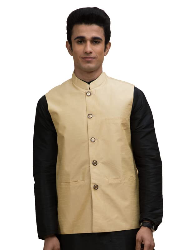 neudis Men Golden Solid Silk Blend Nehru Jacket-picture-22