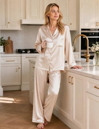 Image of SWOMOG Long Sleeve Pajamas Set Silk Satin Sleepwear Button Down Pjs Loungewear with Pocket