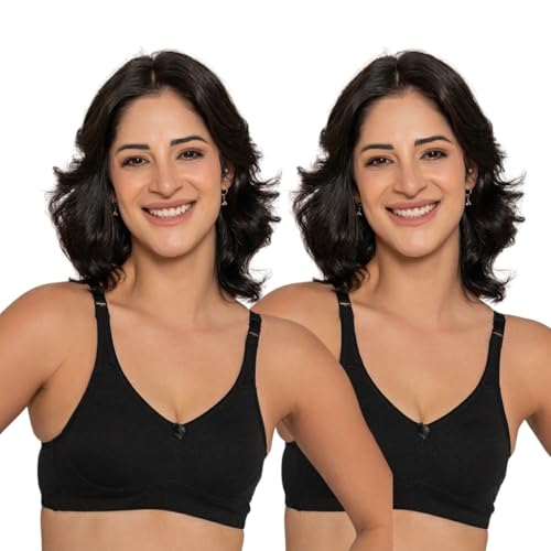 Image of INKURV Seamless Non-Padded Bra for Women | Non-Wired Cotton Full Coverage T-Shirt Bra | Thin Adjustable Straps | Double Layered Cups | Anti Sag Lift Up Support | Luna Combo of 2 (Black Black 38D)