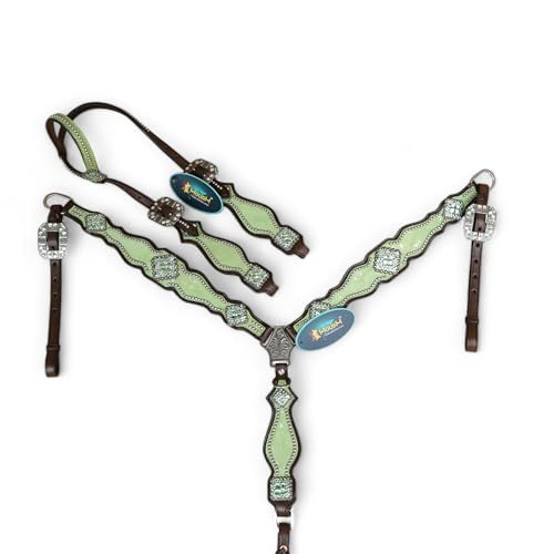 MOUSM Western Headstall & Breast Collar Tack Set for Horse - Handmade Lime Green Metallic Acid Wash Cowhide with Nickel Studs & Conchos - Unique