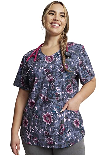 Dickies Dynamix Women Scrubs Top V-Neck Print DK623, L, Flor-get About It