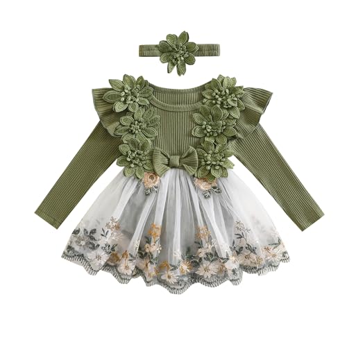 Douhoow Baby Girl Romper Dress Embroidery Lace Flowers Baby Dress Romper Fall Winter Festival Clothes with Headband