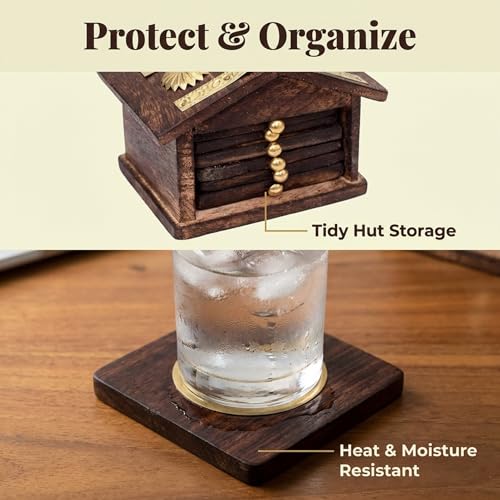 Image of Oaklyn Handmade Wooden Hut Style Coaster Set with Holder for Tea & Coffee | Hot & Cold Drink Coasters for Dining Table & Home Decor