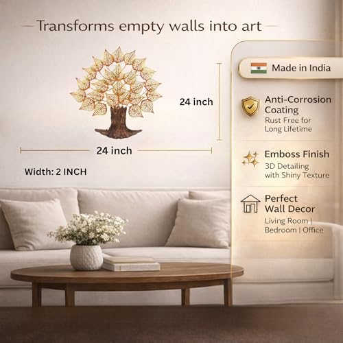 Image of Bharat Art Metal Tree Wall Art with LED Light for Living Room | Handcrafted Iron Tree Wall Hanging Home Decoration for Bedroom, Hall, Office & Entrance | Larch Tree | 24 * 2 * 24 inch | WD080