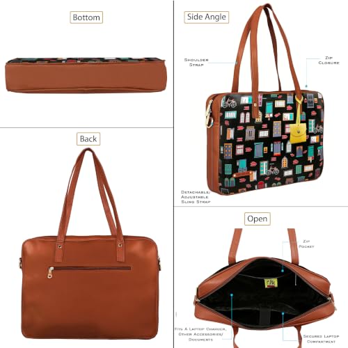Image of Funk For Hire Women's Black and Brown Printed Faux Leather 15.6 inch Laptop Handbag Sling with Waterproof Nylon Lining Cushioned Sleeve Adjustable Padded Strap Organizer