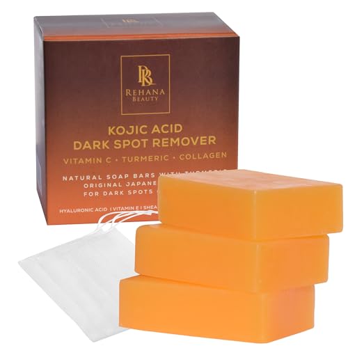 REHANA BEAUTY Premium Kojic Acid & Turmeric Soap Advanced Dark Spot Correction for Face & Body, Natural Brightening Agents, 4% Kojic Acid, Original Japanese Formula Evens and Illuminates Skin Tone
