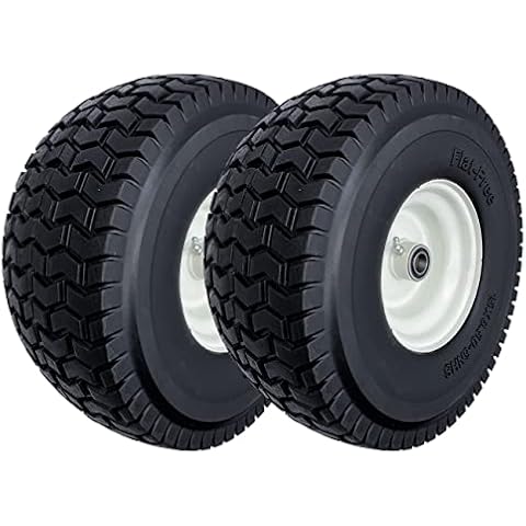 2-Pack 15x6.50-6 Flat-Free Tire with Rim,3"Centered Hub with 3/4" Ball Bearing,w/Grease Fitting，500lbs Capacity,15x6.50x6 No-Flat Solid Rubber Turf Wheel,for Riding Lawn mower,Garden Cart Cover