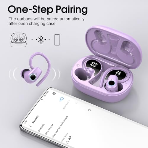 Image of Wireless Earbuds, 2023 Bluetooth Headphones 5.3 Sport, 50H Ear buds with Earhooks, Dual LED Display Bluetooth Earbuds, Deep Bass Stereo Noise Cancelling Headphones, IP7 Waterproof Earphones, Purple
