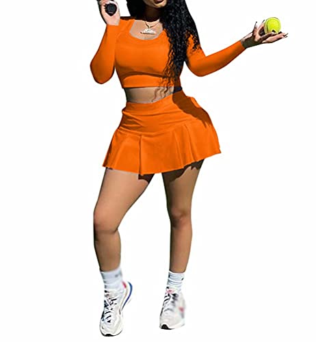Women s Sexy 2 Piece Outfits Long Sleeve Crop Top Pleated Skater Skirts Set Athletic Running Tennis Golf Skorts Orange L