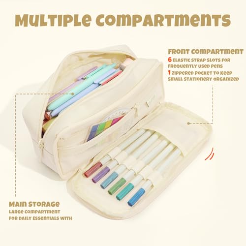 Image of SUNEE Pencil Case, Large Capacity Pencil Pouch, Aesthetic Big Pen Bag 900D Oxford Pen Box for Office Stationery Organizer School Supplies Multifunctional for Teen Boys Girls Women Men, Beige