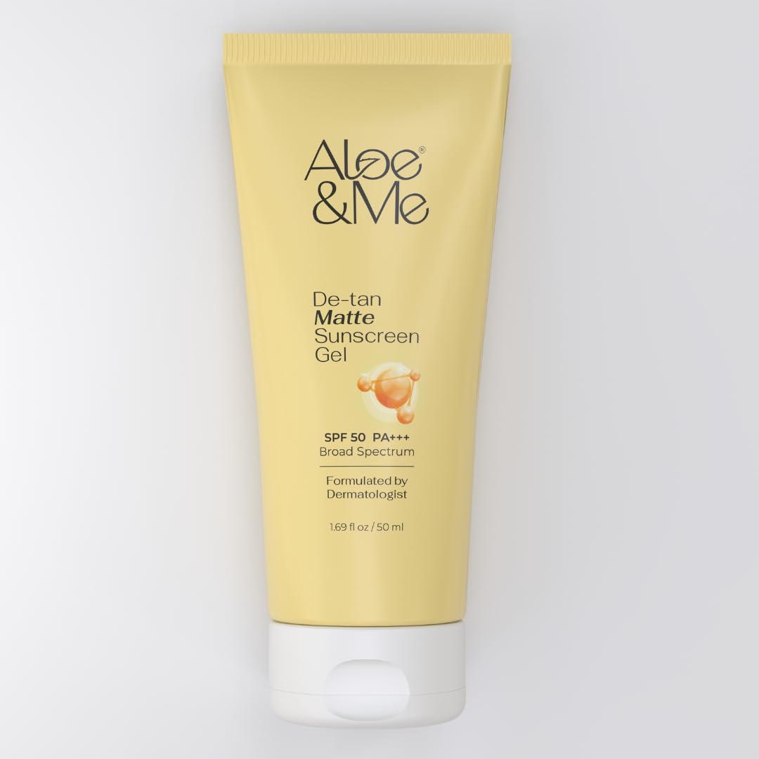 Aloe&Me De-Tan Matte Sunscreen Gel With Yellow Aloe Propolis, No White Cast, Broad Spectrum Pa +++, Fades Tan Enchances Glow, 50G, 50 Sun Protection Factor , Spf, All Skin Type
