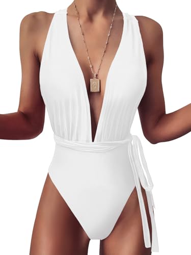 Image of Lilosy Sexy Tie Criss Cross Plunge One Piece Thong Swimsuit High Cut Brazilian Bathing Suit