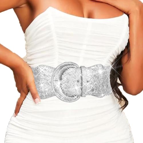 COSYDAYS Sequin Wide Corset Belt Silver Elastic Dress Belts Fashion Stretchy Waistband Accessories for Women