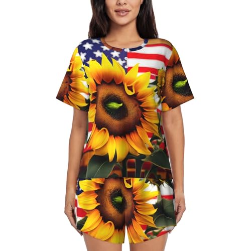 Ensemble de pyjama doux haut de gamme imprimé tournesol et drapeau américain