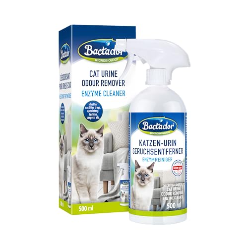 Bactador 250168 Kattenoiletten Geurverwijderaar Spray 500ml - Tegen Kattenur En Dierengeurtjes - Microbiologische Enzymreiniger - Natuurlijk En Effectief - Diepgaande Reiniging In De Kattenomgeving,500 ml (1er-pakket),Wit