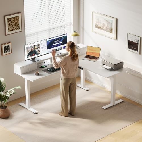 Image of Casaottima 59 Inch Electric L-Shaped Standing Desk with Drawers, Height Adjustable Stand Up Corner Desk with Monitor Stand, Lift Table for Home, Office, Workstation, White