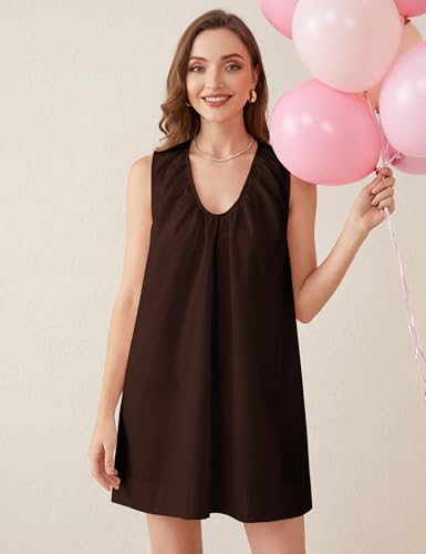 Image of MISSACTIVER Women's Sleeveless Babydoll Tank Mini Dress Scoop Neck Ruched Short Dress with Side Pockets Summer Party Dresses