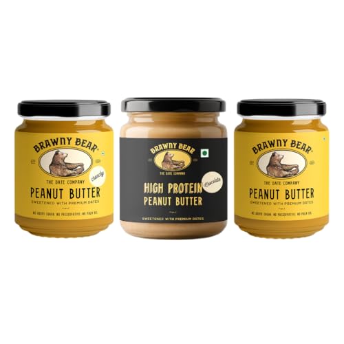 Image of Brawny Bear Flavoured Peanut Butter Combo - Classic, Crunchy, High Protein Peanut Chocolate Flavour, 100% Natural Sweetened with Dates, Vegan, No Added Sugar & Preservative Pack of 3-500 gm each