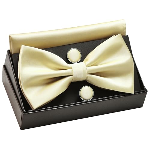 Image of GUSLESON Men's 3-pc Solid Color Bow Tie Gift Set - Double‑Fold Pre-Tied Bow Tie, Pocket Square, Cufflinks - Wedding Formal Party