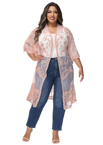 Image of Anna-Kaci Women's Plus Size Lace Cardigan Embroidered Long Kimono Dusters with Half Sleeves