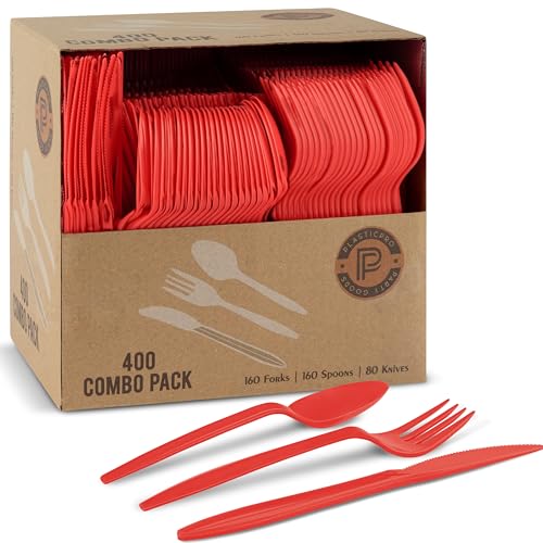 PLASTICPRO 400 PackChristmass Red HolidayDisposable Plastic Utensils Assorted Colored Cutlery Combo Set Forks Spoons Knives Silverware Red Plastic Cutlery for Parties