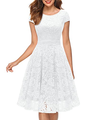 Muadress Women Cap-Sleeve Lace Floral Elegant Cocktail Dress Crew Neck Knee Length Bridesmaid Dresses For Party White S #TOP14