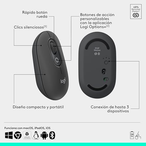Miniatura 7 de Logitech Pop Icon Combo, combinación de Teclado y ratón Bluetooth | Escritura cómoda, teclas/botones programables, clics discretos, Easy-Switch (3 disp.), QWERTY Español - Grafito