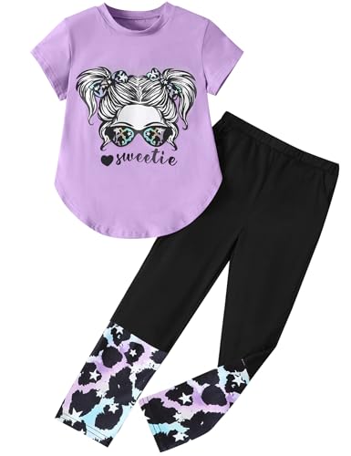 Image of Girls Outfits Short Sleeve Irregular Tops + Camouflage Long Legging Outfits 2PCs Summer Pant Sets 6-14T