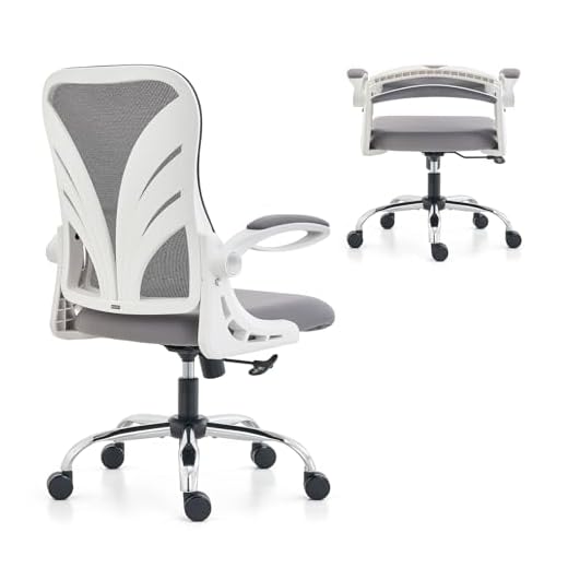 HOLLUDLE Ergonomic Office Chair with Foldable Backrest, Computer Desk Chair with Widened Seat(52 CM), Flip-up Armrests, Mesh Lumbar Support and Tilt Function, White
