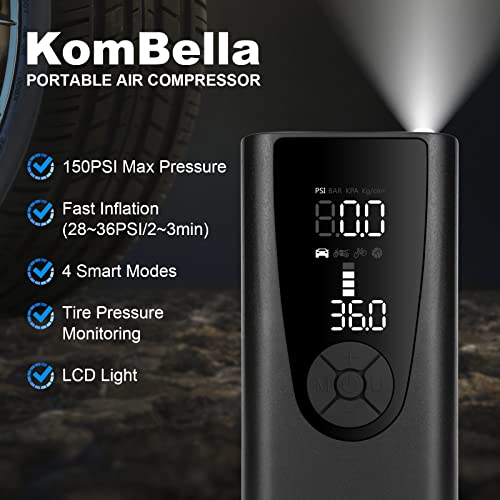 Kombella Tire Inflator Portable Air Compressor, 150 Psi Air Pump For Car Tire With 6000Mah Battery, Cordless Tire Pump With Pressure Gauge Digital Lcd Screen For Car, Bike, Motorcycle, Balls #TOP1