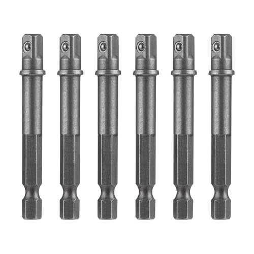 6 Pack 1/4 Inch Square Socket Adapter Bits for Drill and Impact Driver - Power Bit Set for Automotive DIY, Hex Shank, Silver