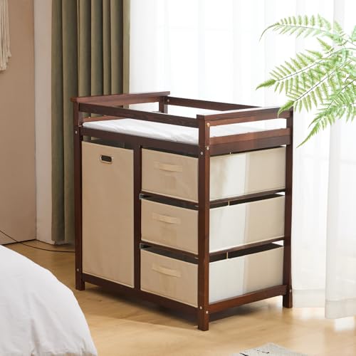Image of Karl home Modern Baby Changing Table,Dresser Baby Diaper Changing Station with Laundry Hamper,Infant Nursing Table with 3 Storage Drawers,Removable Safety Rail & Strap for Bedroom,Nursery,Brown