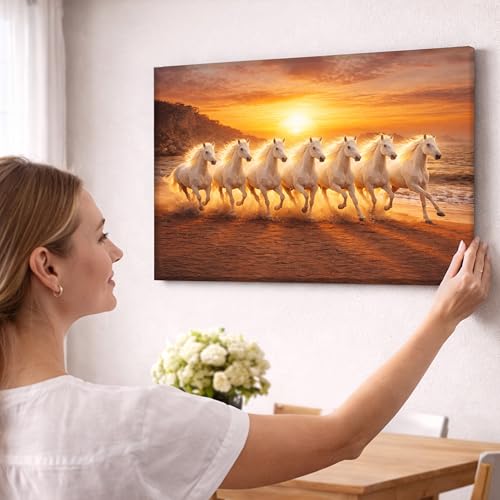Image of Rousrie Big Size 7 Horses Vastu Frame Wall Art Painting, White Running Horses on Water, Rising Sun Wall Decor, Multicolor (45 cm x 60 cm)