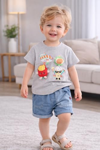 Image of Bold N Elegant Half Sleeve Pure Cotton Baby Boy Girl 3D Burger French Fries Cartoon Snack T-Shirt with Denim Shorts Smart Casual Outfit for Infant Toddler Kids Upto 5 Years