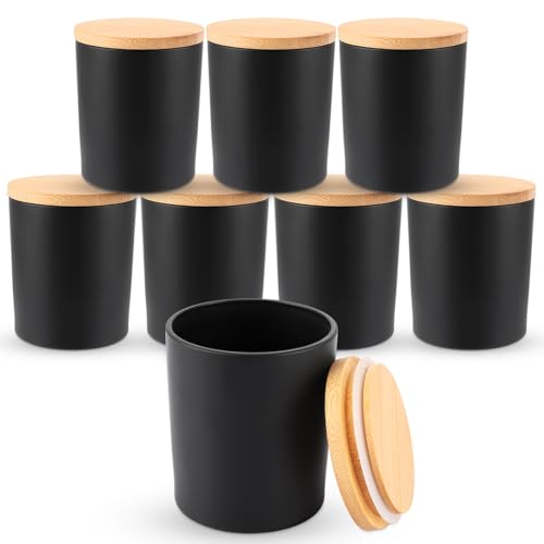 MUXHEL Set di 8 bicchieri spessi in vetro con coperchio in bambù, colore nero, 300 ml, con coperchio in bambù, contenitore per lavabo, contenitore in cotone