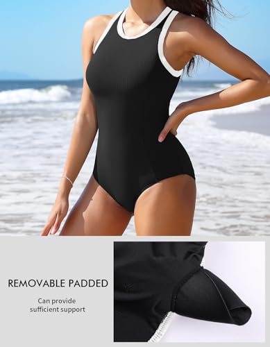 Charmo Women One Piece Swimsuit Zipper Back Ribbed Swimwear Sporty Racerback High Neck Bathing Suit3