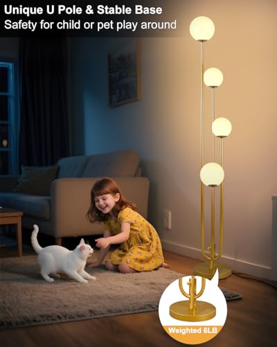 Image of Lightdot Gold Globe Floor Lamp 4-Lights Dimmable Floor Lamps 3000K Bulbs Included Unique Modern Standing Tall Lamp for Living Room /Bedroom /Sofa Beside /Corner Decor