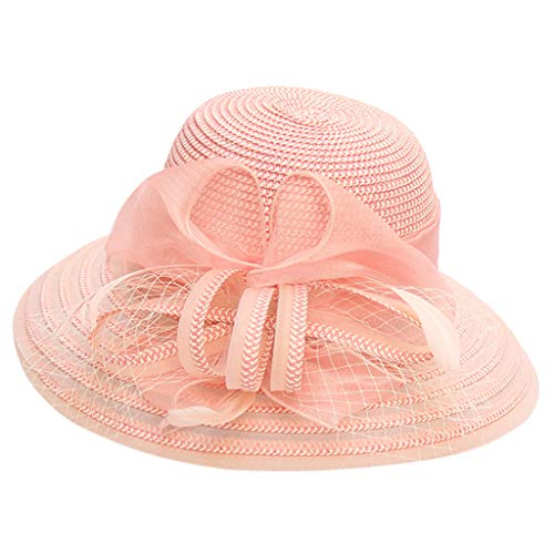 Sunnywill Women Foldable Organza Church Derby Hat Ruffles Wide Brim Cap Pink